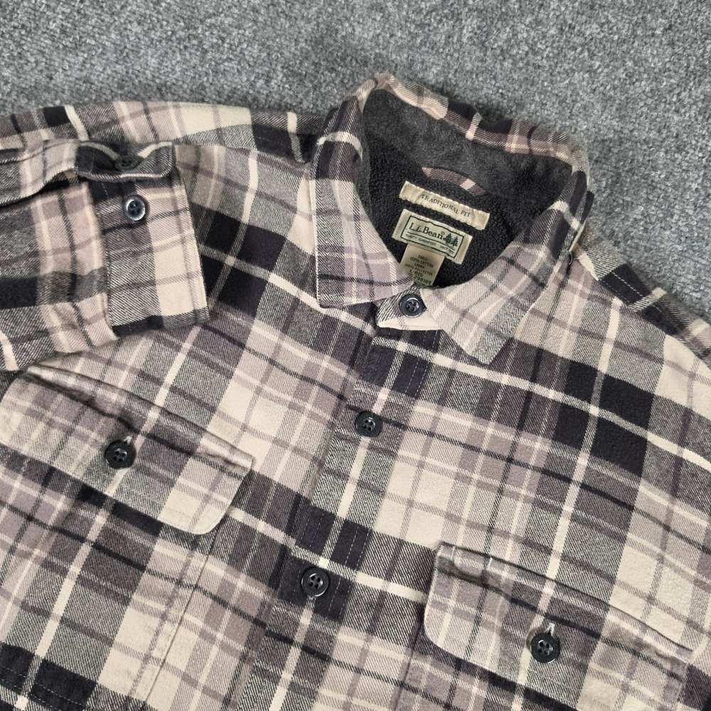 L.L. Bean Fleece Lined Flannel Shirt Mens L Grey Plaid Traditional Fit 298189